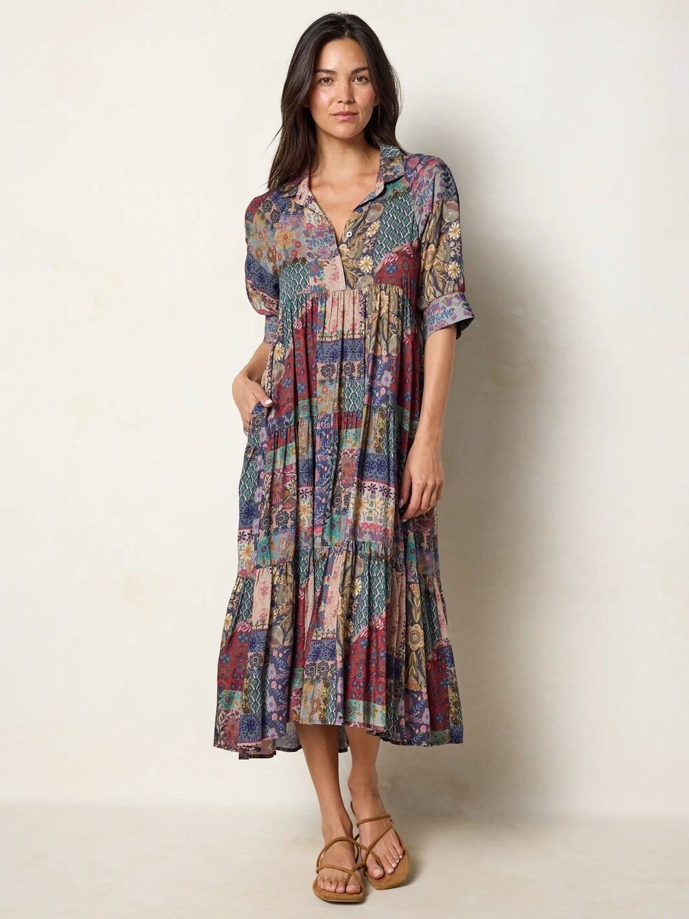 Natural Life Rebecca Bohemian Blue Patchwork Midi Cottagecore Dress Sz M